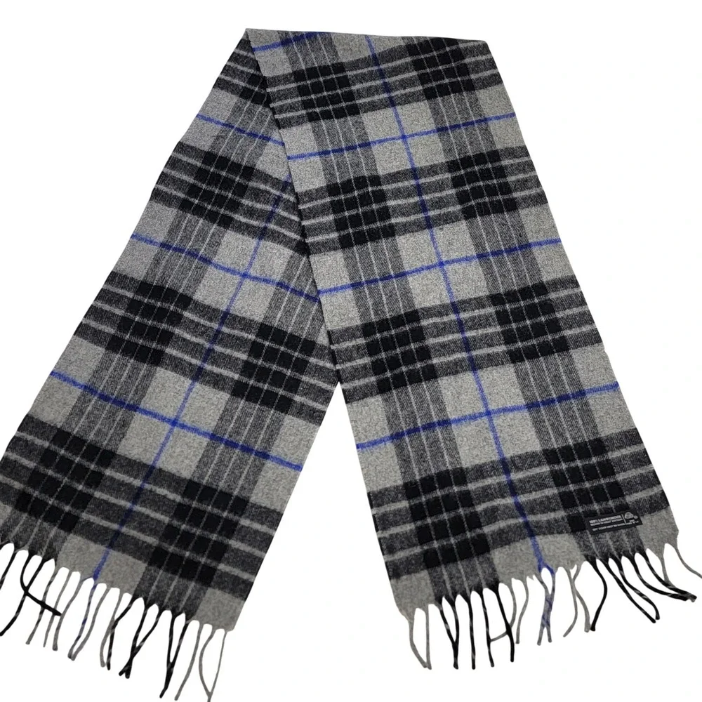 Mens NWOT 100% Lambswool Plaid Grey Black Blue Scarf‎ Woven in Great Britain